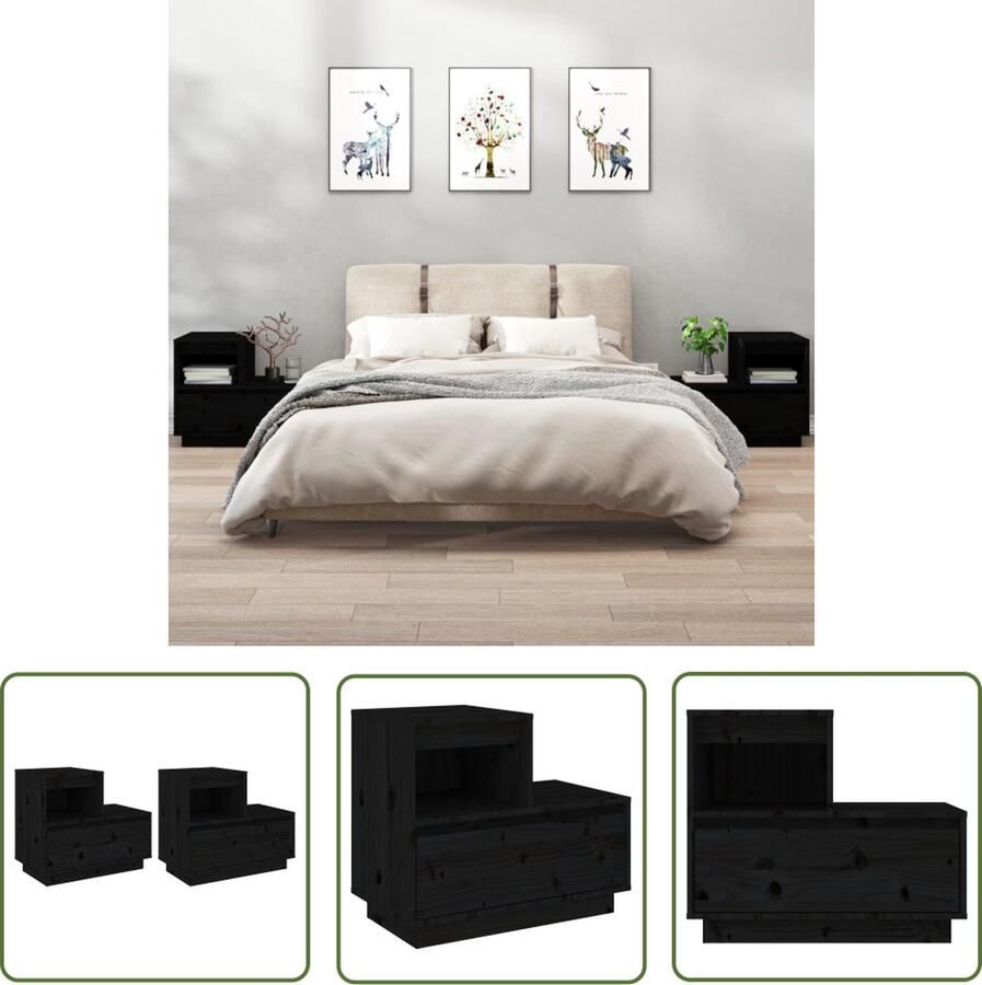 The Living Store Nachtkastjes 2 st 60x34x51 cm massief grenenhout zwart Nachtkastje Houten Nachtkastje Grenenhouten Nachtkastje Zwarte Nachtkastje Slaapkamermeubilair - Foto 2