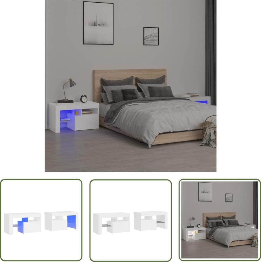 The Living Store Nachtkastjes Modern Hoogglans Wit 70 x 36.5 x 40 cm LED-verlichting Nachtkastjes Meubilair Slaapkamermeubelen Modern Design Led Verlichting