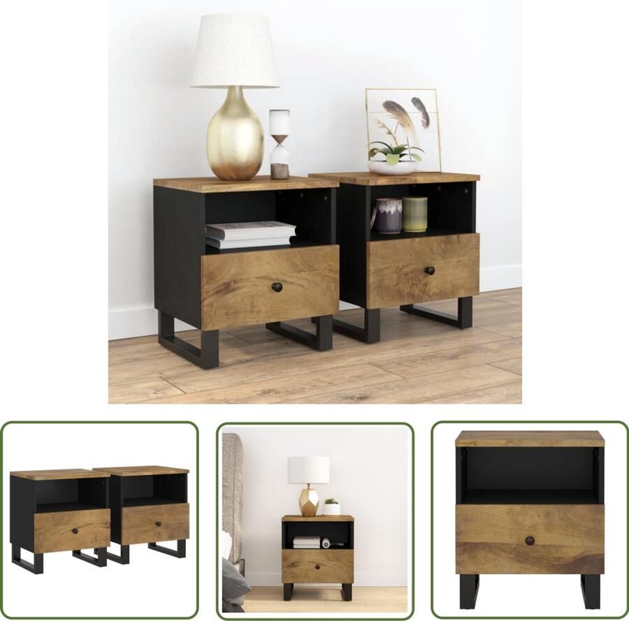 The Living Store Nachtkastjes 2 st massief mangohout en bewerkt hout Nachtkastje Industrieel Design Mangohout Meubilair Slaapkamers