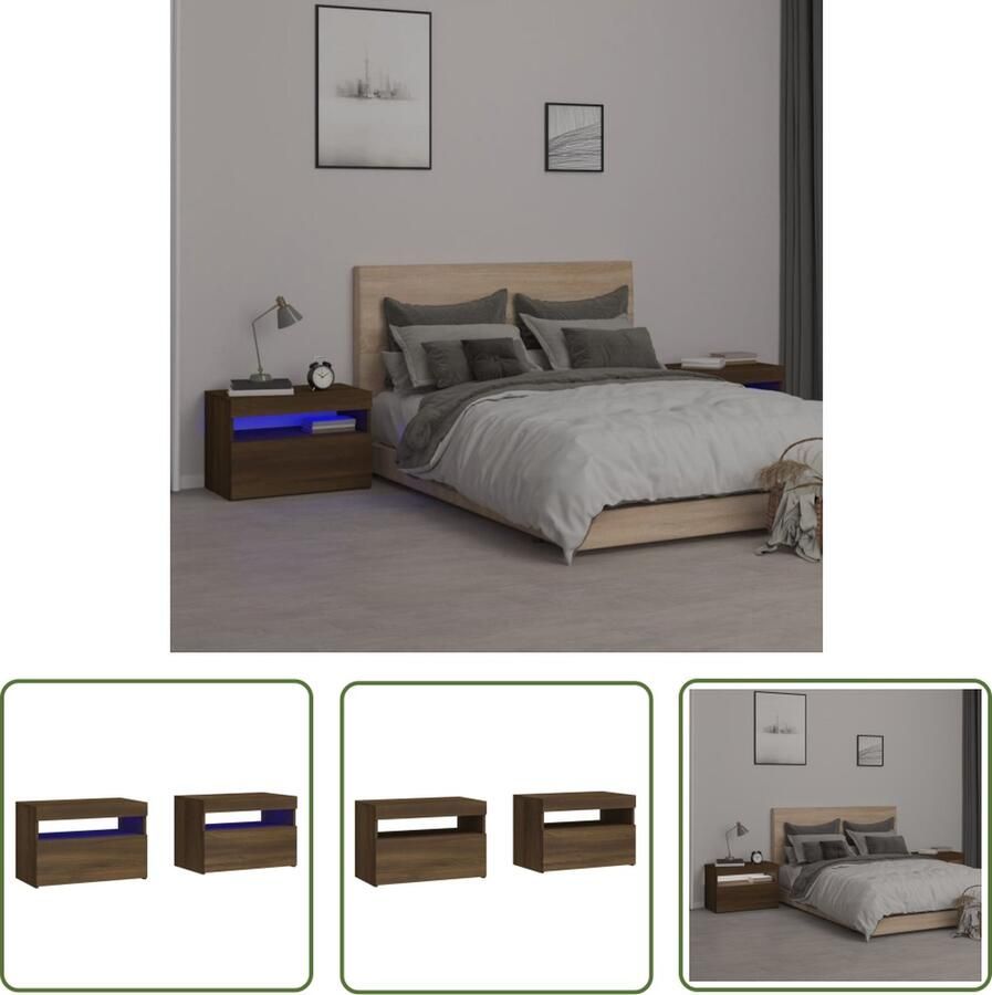 The Living Store Nachtkastje Bruineiken 60x35x40 cm RGB LED-verlichting 2 stuks Nachtkastje Bruineiken Led Lampen Meubilair Slaapkamermeubel