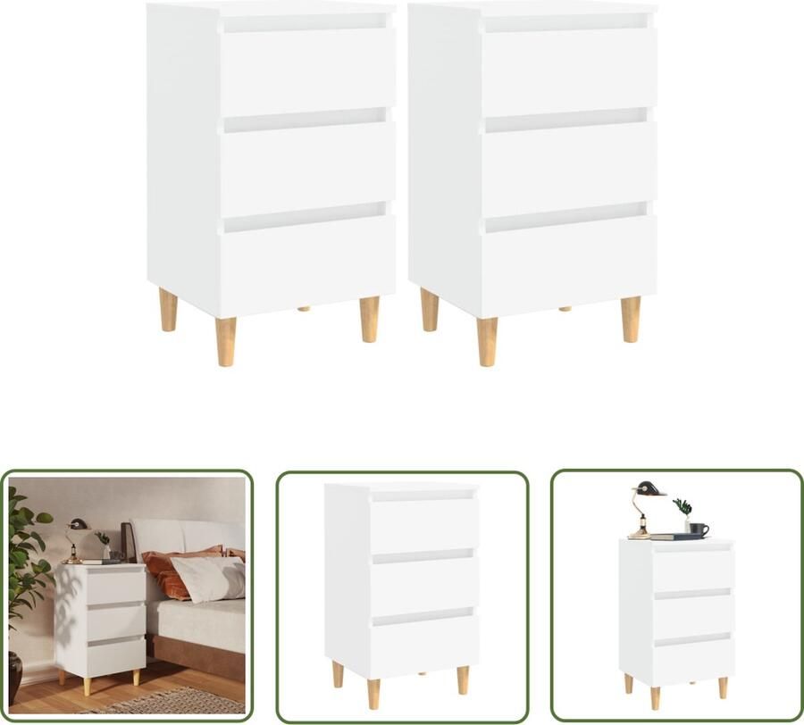 The Living Store Nachtkastjes 2 st met massief houten poten 40x35x69 cm wit Nachtkastjes Scandinavisch Design Bedkastjes Slaapkamerinrichting Witte Meubels - Foto 2