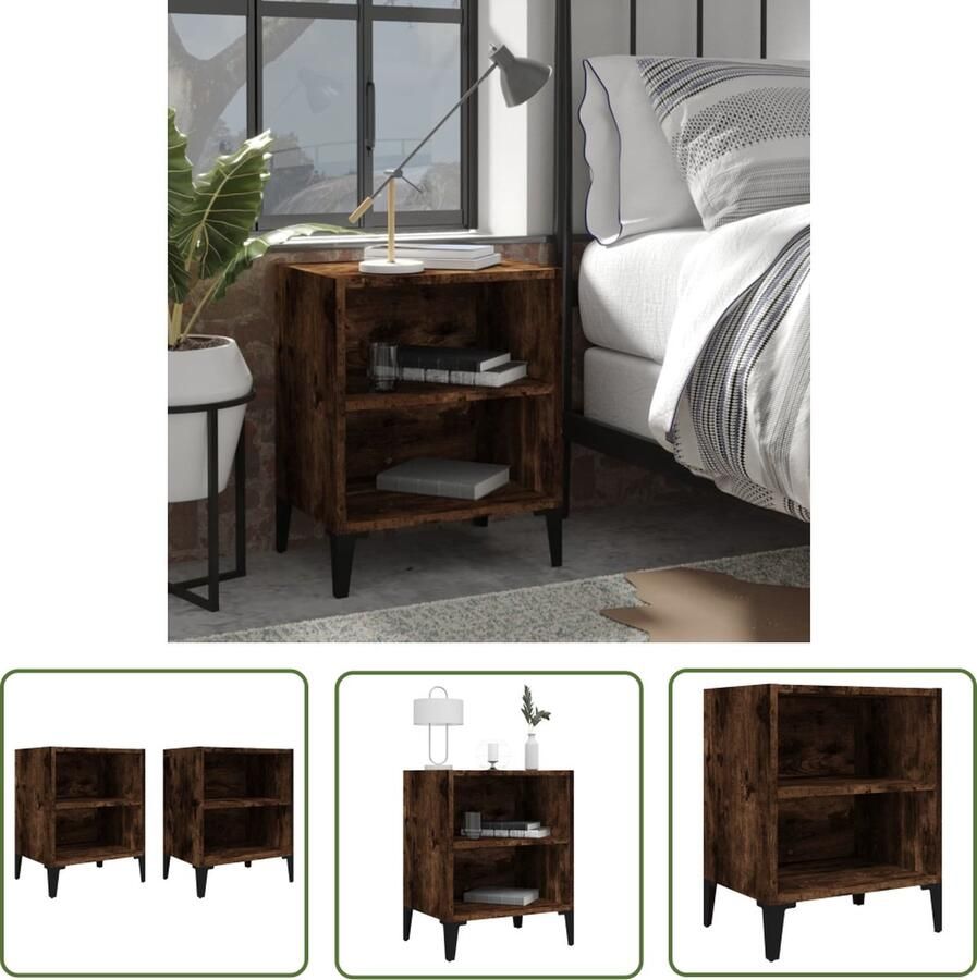 The Living Store Nachtkastjes 2 st met metalen poten 40x30x50 cm gerookt eiken Nachtkastje Industrieel Design Houten Kast Metalen Poten Bruine Kleur - Foto 2