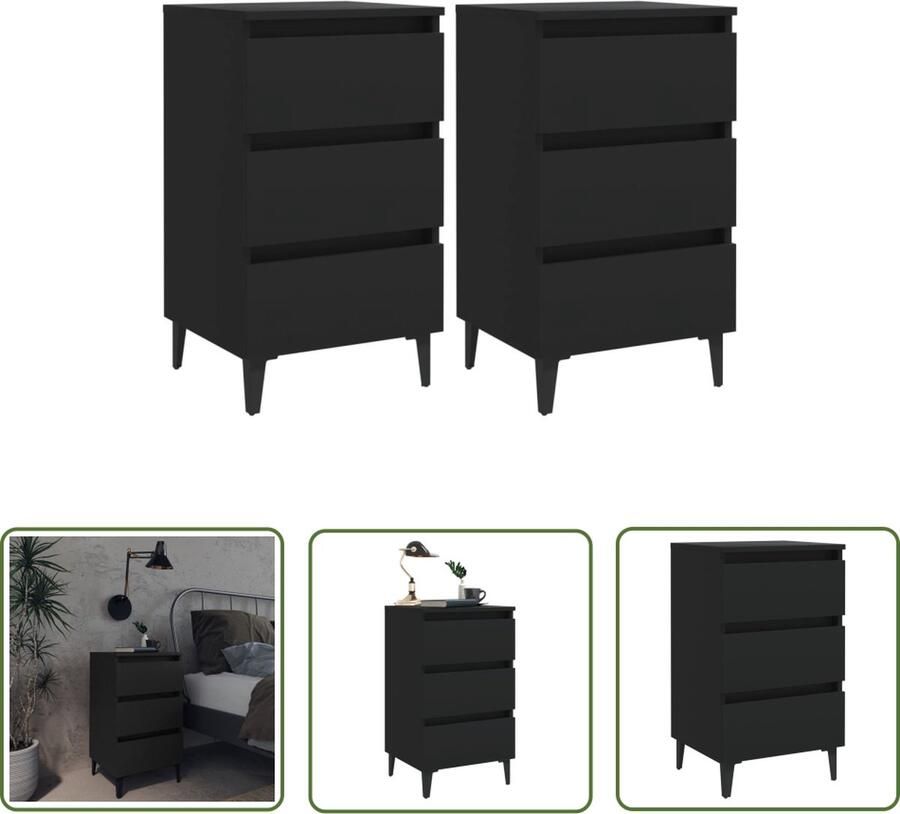 The Living Store Nachtkastje Industrieel Zwart 40 x 35 x 69 cm Met 3 lades Nachtkastje Nachtkastjes Slaapkamermeubel Industrieel Meubilair Houten Kast - Foto 2