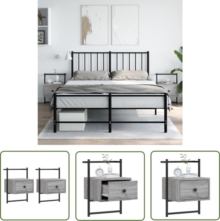 The Living Store Wandnachtkastje naam Nachtkastje 35 x 30 x 51 cm Grijs Sonoma Eiken Wandlamp Nachtlamp Bergruimte Slaapkamervloer Minimalistische Meubels