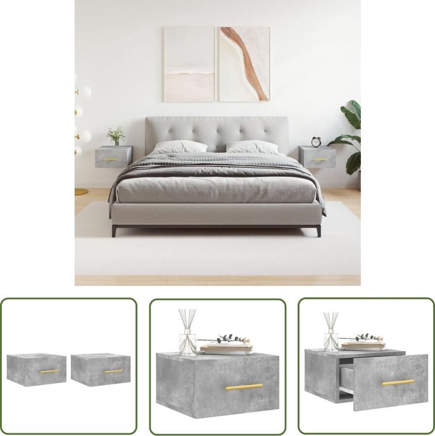 The Living Store Wandnachtkastjes Betongrijs 35 x 35 x 20 cm Bewerkt hout Set van 2 Wandlamp Nachtlamp Bergruimte Badkamer Accessoires Woonkamer Meubels - Foto 5