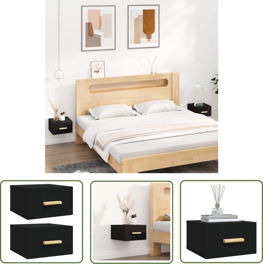 The Living Store Nachtkastjes 2 st wandgemonteerd 35x35x20 cm zwart Zwevende Nachtkastjes Wandmontage Zwarte Nachtkastjes Houten Nachtkastjes Slaapkamer Meubilair - Foto 2