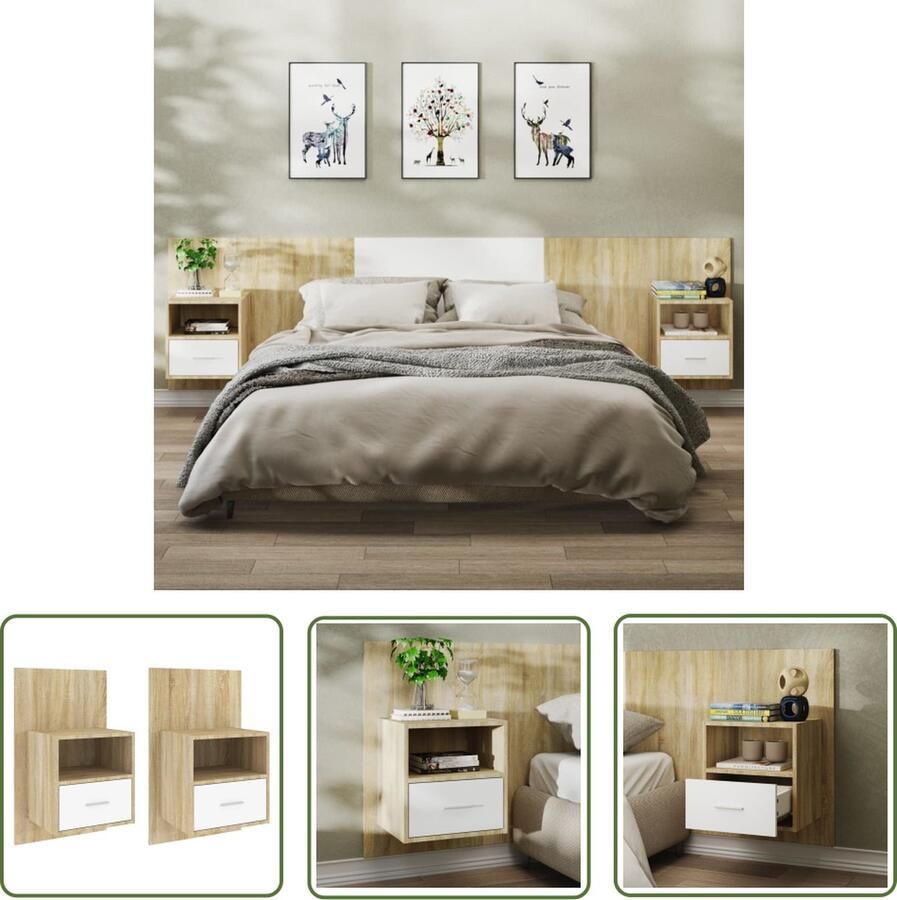 The Living Store Wandnachtkastjes Wit en sonoma eiken 48.5 x 32.5 x 80 cm Opberglade Multifunctioneel kastje Montage vereist Wandlamp Nachtlamp Bergruimte Slaapkamersdecoratie Houten Meubilair - Foto 2