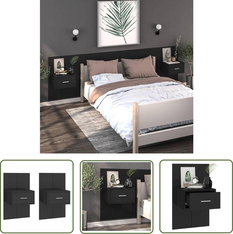 The Living Store Wandnachtkastje Zwart 48.5 x 32.5 x 80 cm Wandmontage Ontwerp Multifunctioneel Opberglade Eenvoudig te reinigen Montage vereist 2 stuks Wandlamp Nachtlamp Slaapkamer Decoratie Houten Meubilair Opbergkasten - Foto 2