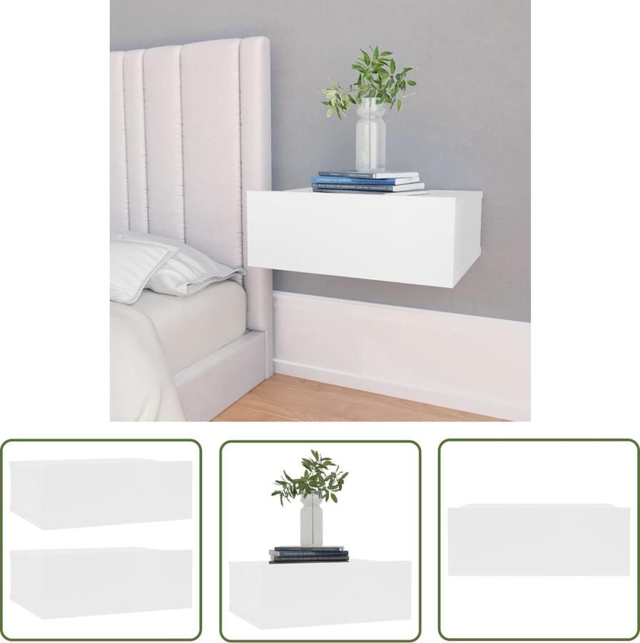 The Living Store Zwevend Nachtkastje Wit 40 x 30 x 15 cm Spaanplaat met lade Wandmontage 2 stuks Zwevend Nachtkastje Nachtlampje Slaapkamer Meubilair Wandkast Houten Nachtkastje - Foto 2
