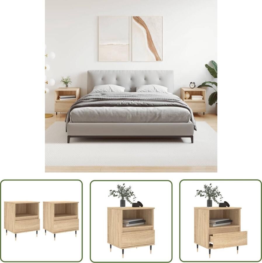 The Living Store Nachtkastjes 2 st 40x35x50 cm sonoma eikenkleurig Nachtkastjes Salontafel Kastje Houten Meubel Bruine Meubels - Foto 2