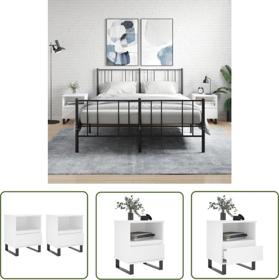 The Living Store Nachtkastjes 40 x 35 x 50 cm Wit Bewerkt hout en metaal Nachtkastjes Nachtkast Kastje Houten Kast Wit Meubel - Foto 3