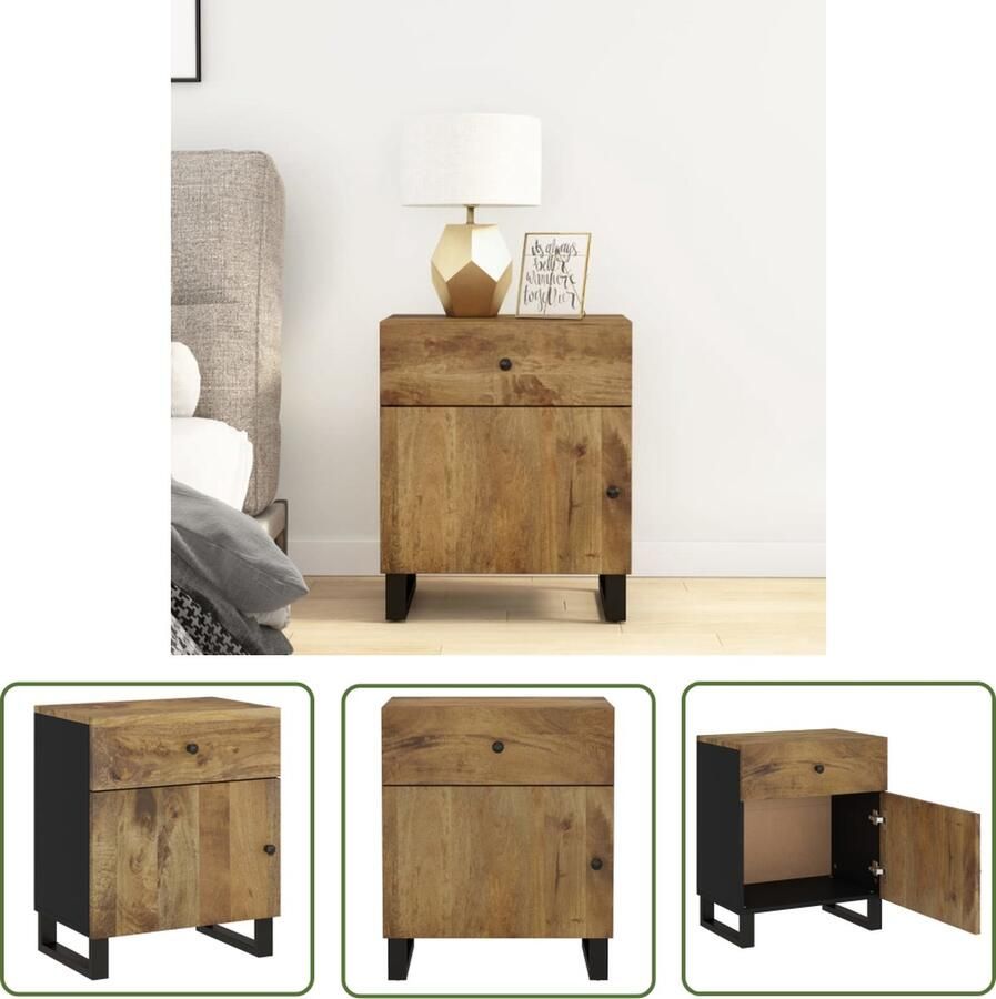 The Living Store Nachtkastje IndustriÃle Mangohout 50x33x60 Lade en vak Stevig blad en metalen poten Nachtkastje Industrieel Mangohout Salontafel Bedroom Furniture - Foto 2