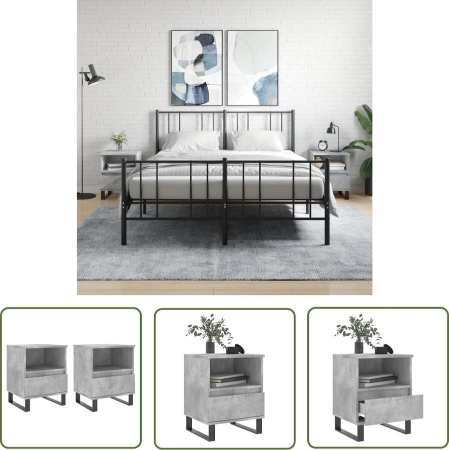 The Living Store Nachtkastjes Betongrijs 40 x 35 x 50 cm Hoge kwaliteit bewerkt hout en metaal 2x nachtkastje Nachtkastjes Betongrijs Houten Nachtkast Nachtkastje Met Lade Stapelbare Nachtkastjes - Foto 3