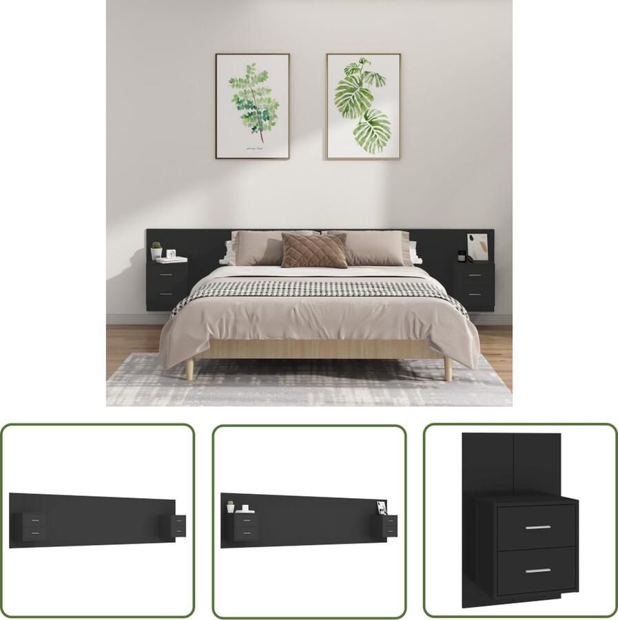 The Living Store Nachtkastje set Hoofdbord 240x1.5x80cm Stevig bewerkt hout Zwevend ontwerp Zwarte kleur Hoofd Bord Hoofdkasten Nachtlamp Nachtkastje Wandmontage - Foto 2