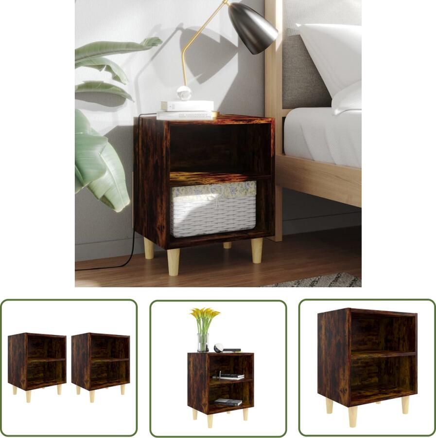 The Living Store Nachtkastjes Gerookt Eiken 40 x 30 x 50 cm Houten Poten - Foto 2
