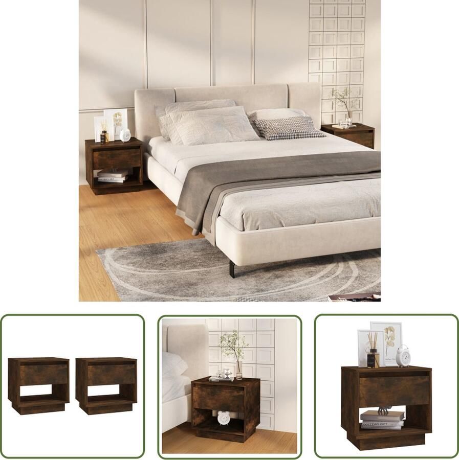 The Living Store Nachtkastjes Gerookt Eiken 45x34x44 cm Stevige constructie - Foto 2