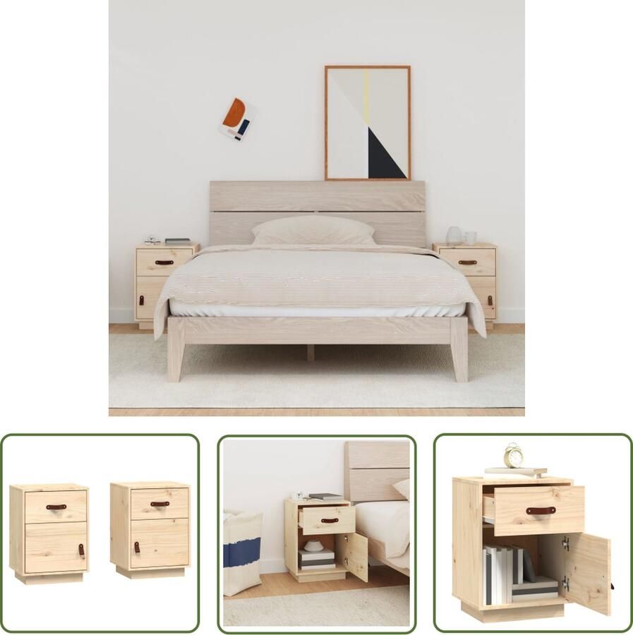The Living Store Nachtkastjes Grenenhout 40x34x55 cm Massief Hout Kunstleren Handgreep - Foto 2