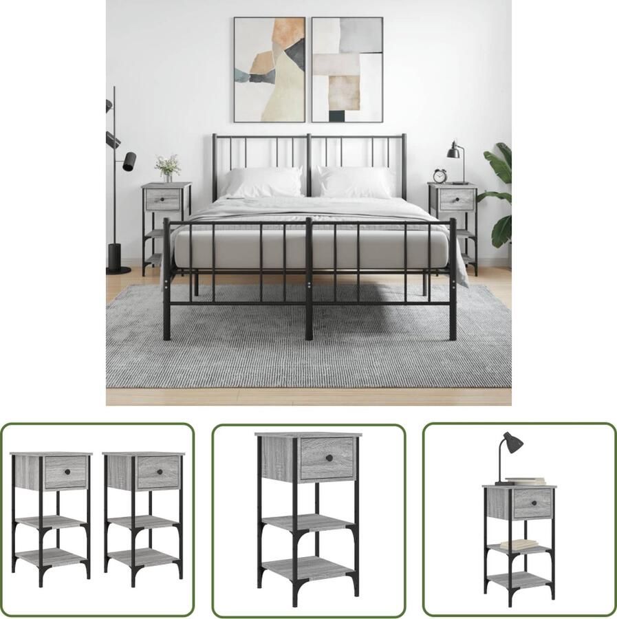 The Living Store Nachtkastjes Grijs Sonoma Eiken Set van 2 34x36x70cm Duurzaam Hout en IJzer