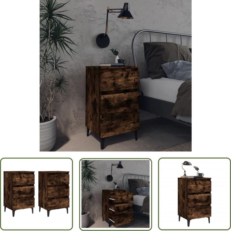 The Living Store Nachtkastjes Industriële charme 3 lades Gerookt eiken 40x35x69cm 4 metalen poten