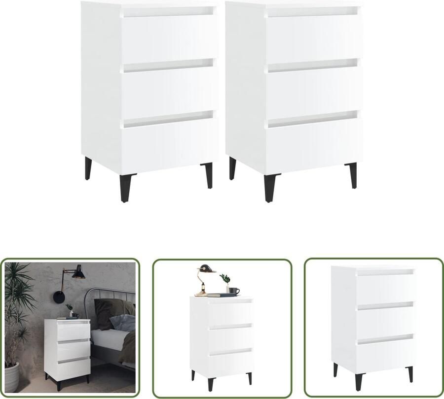 The Living Store nachtkastjes IndustriÃle charme 3 lades Hoogglans wit 40x35x69 cm Metalen poten - Foto 2