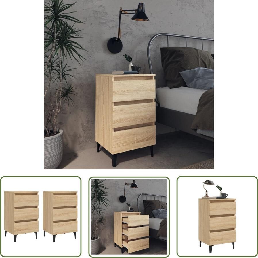 The Living Store Nachtkastjes 2 st met metalen poten 40x35x69 cm sonoma eiken Kast - Foto 2