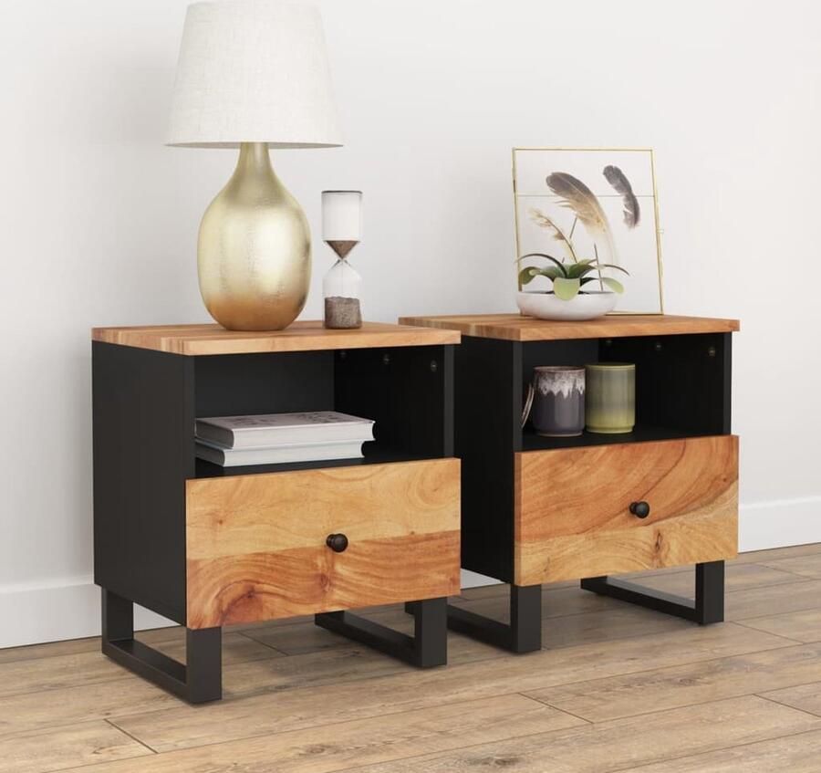 The Living Store Nachtkastjes Industrieel 40 x 31 x 46 cm Massief acaciahout Nachtkastjes Industrieel Meubilair Houten Kast Acacia Hout Slaapkamer Accessoires - Foto 3