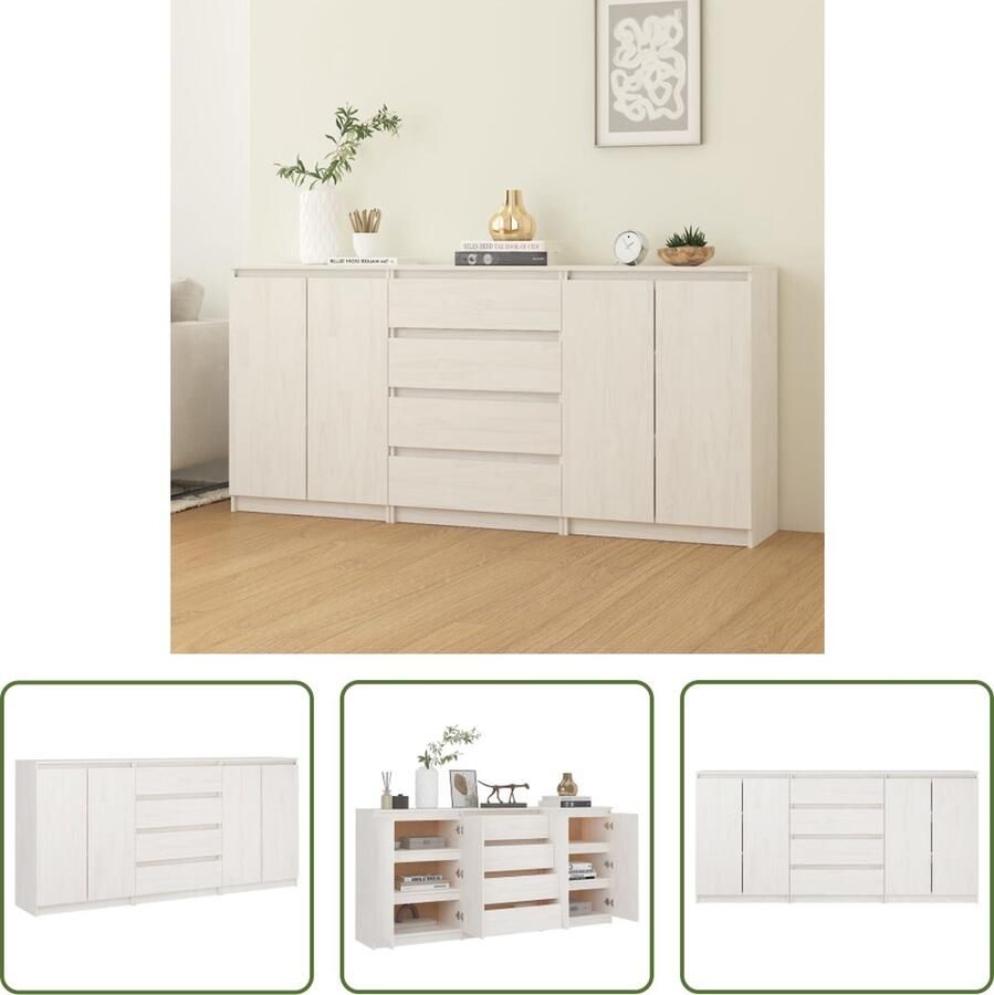 The Living Store Bijzetkasten 3 st massief grenenhout wit Nachtkast Bijzetkast Opbergkast Grenoble Hout Wit Meubel