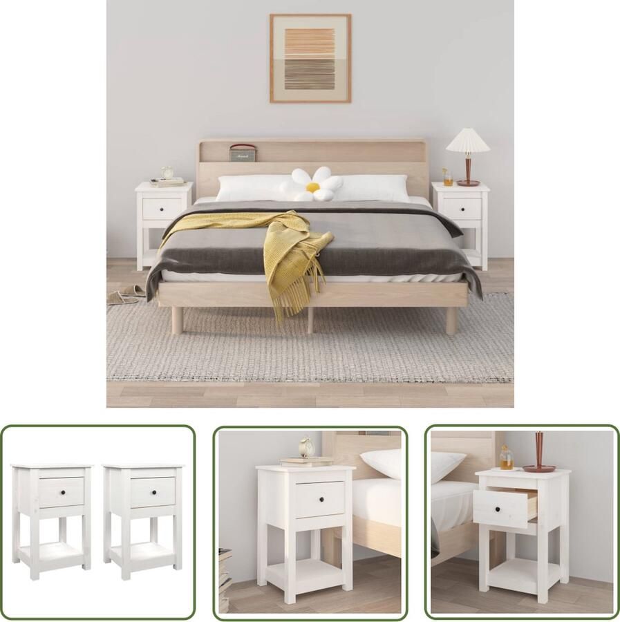 The Living Store Nachtkastjes Massief Grenenhout Wit 40 x 35 x 61.5 cm Set van 2 Nachtkastjes Bedkanten Houten Kast Grenenhouten Kast Witte Kast - Foto 2