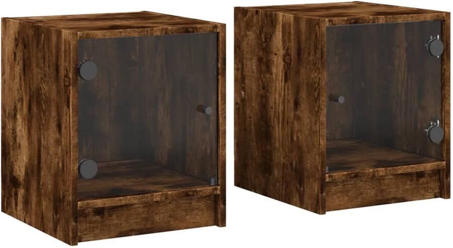 The Living Store Nachtkastjes met glazen deuren 2 st 35x37x42 cm gerookt eiken Nachtkastjes Nachtkastset Slaapkamermeubel Houten Meubel Bruine Meubels - Foto 2