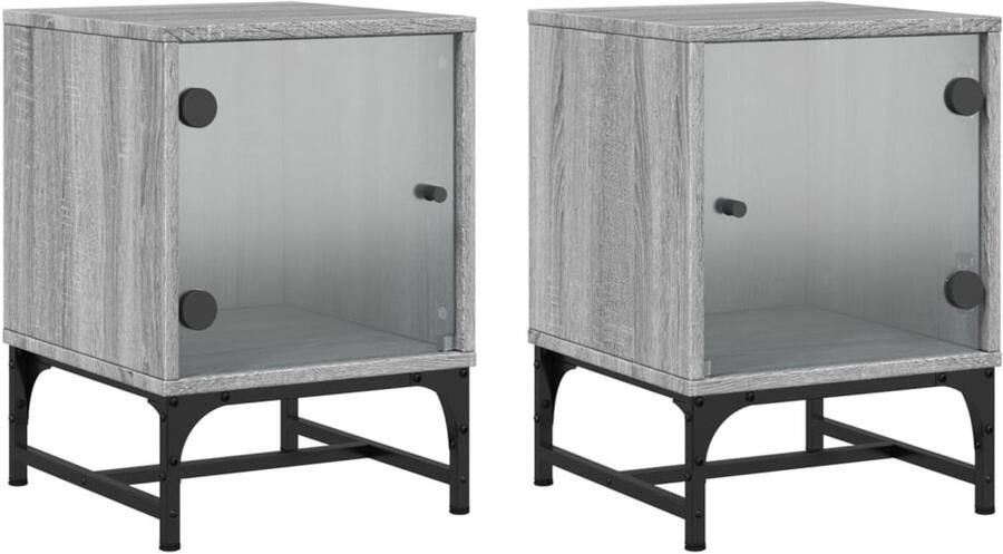 The Living Store Nachtkastjes met glazen deuren 2 st 35x37x50 cm grijs sonoma Nachtkastjes Slaapkamermeubel Kastjes Houten Meubel Grijze Meubels - Foto 2