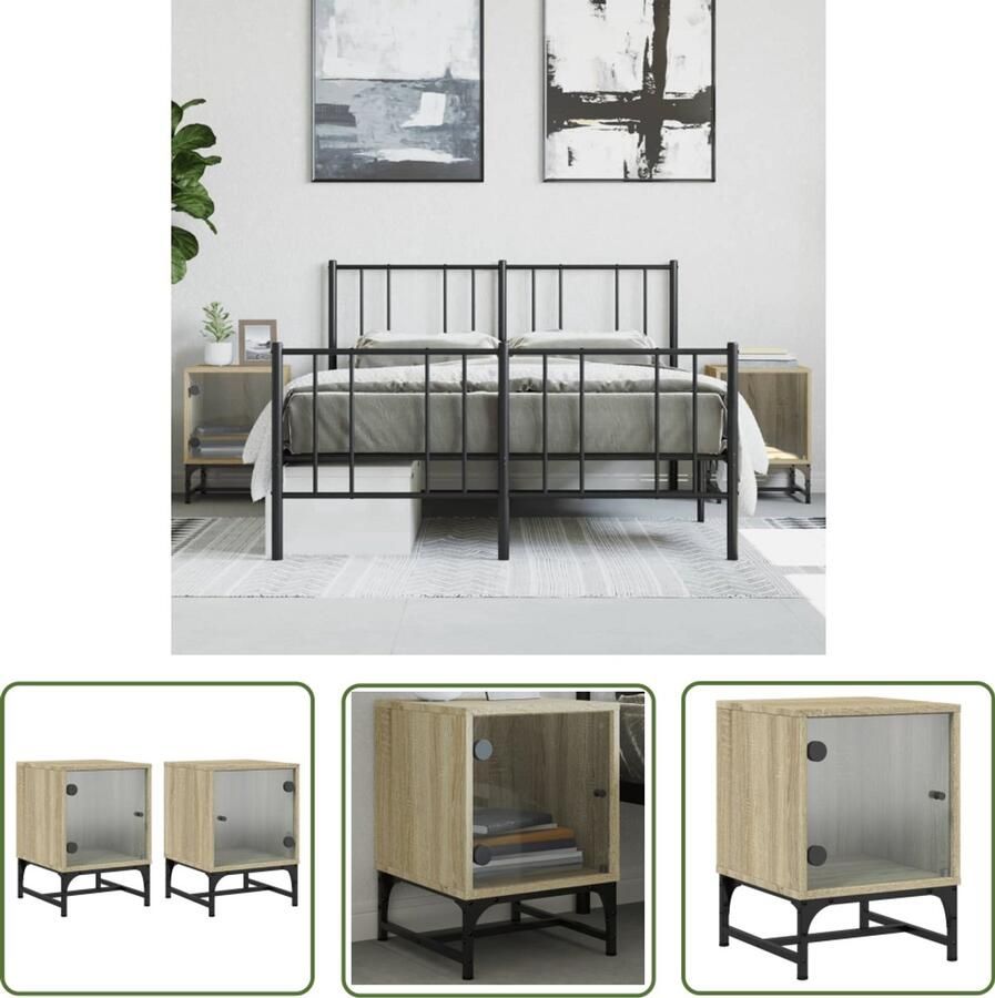 The Living Store Nachtkastjes met glazen deuren 2 st 35x37x50 cm sonoma eiken Nachtkastje Nachtkastjes Salontafel Bijzettafel Bedroom Furniture