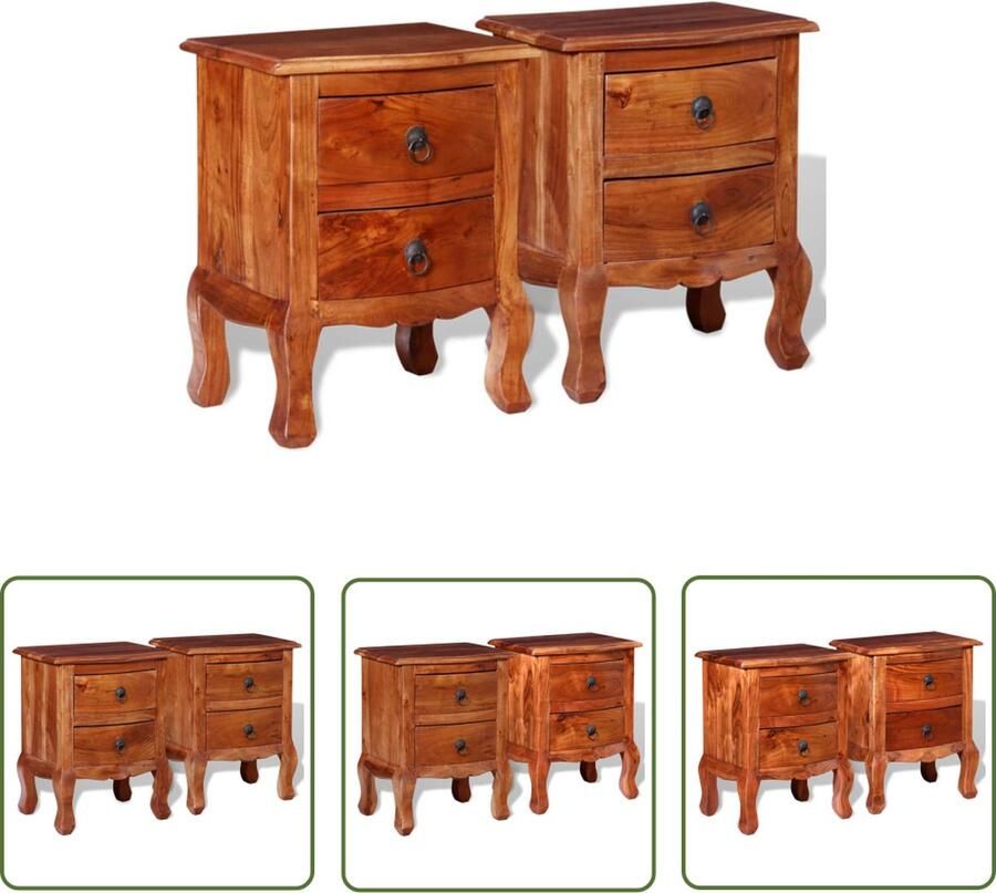 The Living Store Acaciahouten Nachtkastjes Set van 2 40x30x50 cm Met 2 lades Nachtkastjes Acacia Hout Vintage Kast Salontafel Bijzettafels - Foto 2