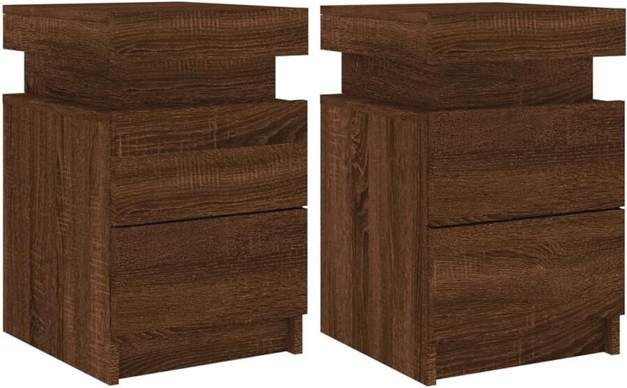 The Living Store Nachtkastjes met LED 2 st 35x39x55 cm bruin eikenkleur Nachtkastjes Led Lampen Slaapkamersdecoratie Houten Meubilair Bruine Meubels - Foto 2