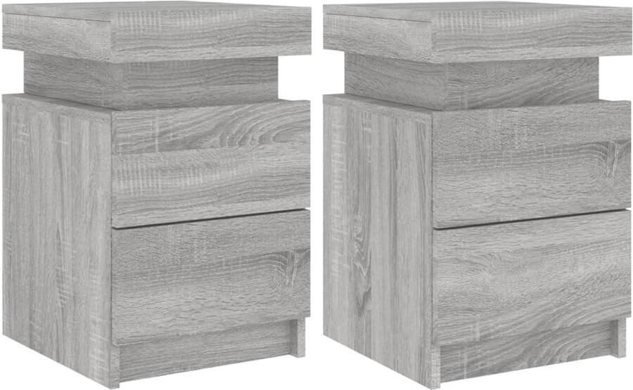 The Living Store Nachtkastjes met LED 2 st 35x39x55 cm grijs sonoma eikenkleurig Nachtkastjes Led Verlichting Bedroom Furniture Houten Kast Sonoma Eiken - Foto 2
