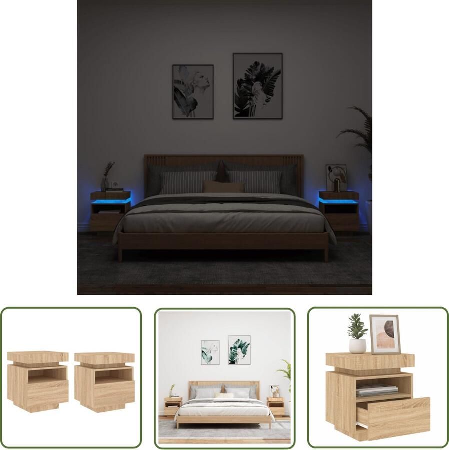 The Living Store Nachtkastjes Sonoma eiken 40 x 39 x 48.5 cm Met LED-verlichting Nachtkastjes Salontafel Led Verlichting Houten Meubilair Bedroom Furniture