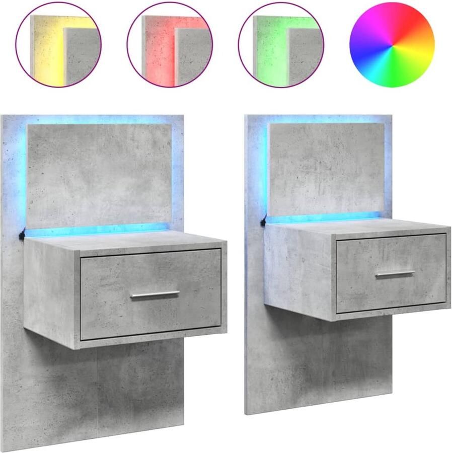 The Living Store Nachtkastjes met LED's 2 st wandgemonteerd betongrijs Wandnachtkastje Wandnachtkastjes Nachtkastje Bijzettafel