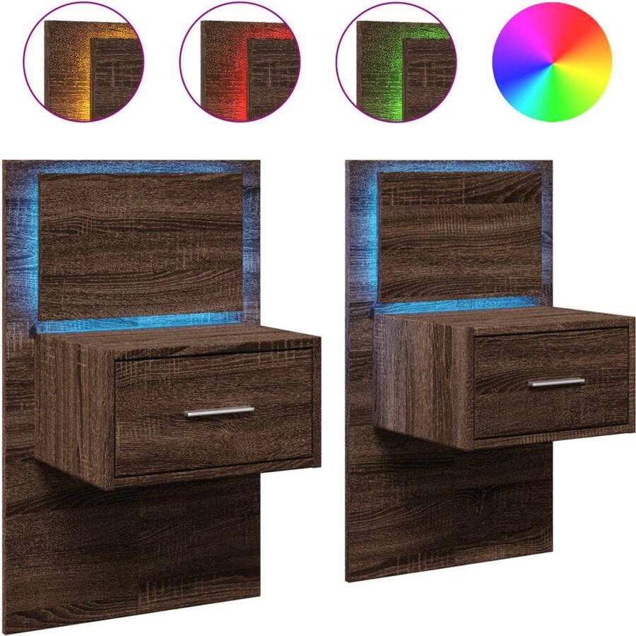 The Living Store Nachtkastjes met LED's 2 st wandgemonteerd bruin eikenkleur Nachthastje Wandmontage Bruineiken Led Verlichting Slaapkamersdecoratie