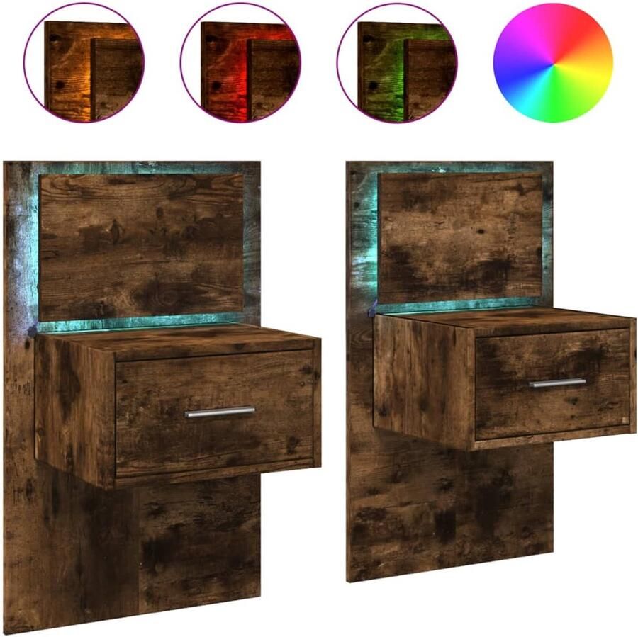 The Living Store Nachtkastjes met LED's 2 st wandgemonteerd gerookt eikenkleurig Nachtkastje Wandmontage Led Verlichting Slaapkamers Houten Meubel - Foto 2
