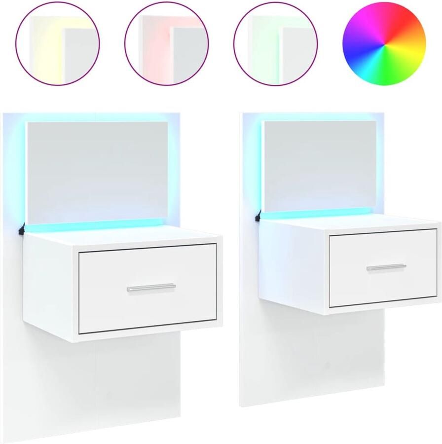 The Living Store Nachtkastjes met LED's 2 st wandgemonteerd wit Wandlamp Nachtlamp Led Lamp Slaapkamervloer Houten Meubel - Foto 2