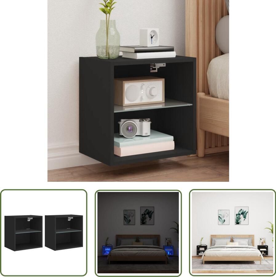 The Living Store Nachtkastjes met LED's 2 st wandgemonteerd zwart Nachtkastjes Led Lampen Wandmontage Slaapkamerinrichting Houten Meubel