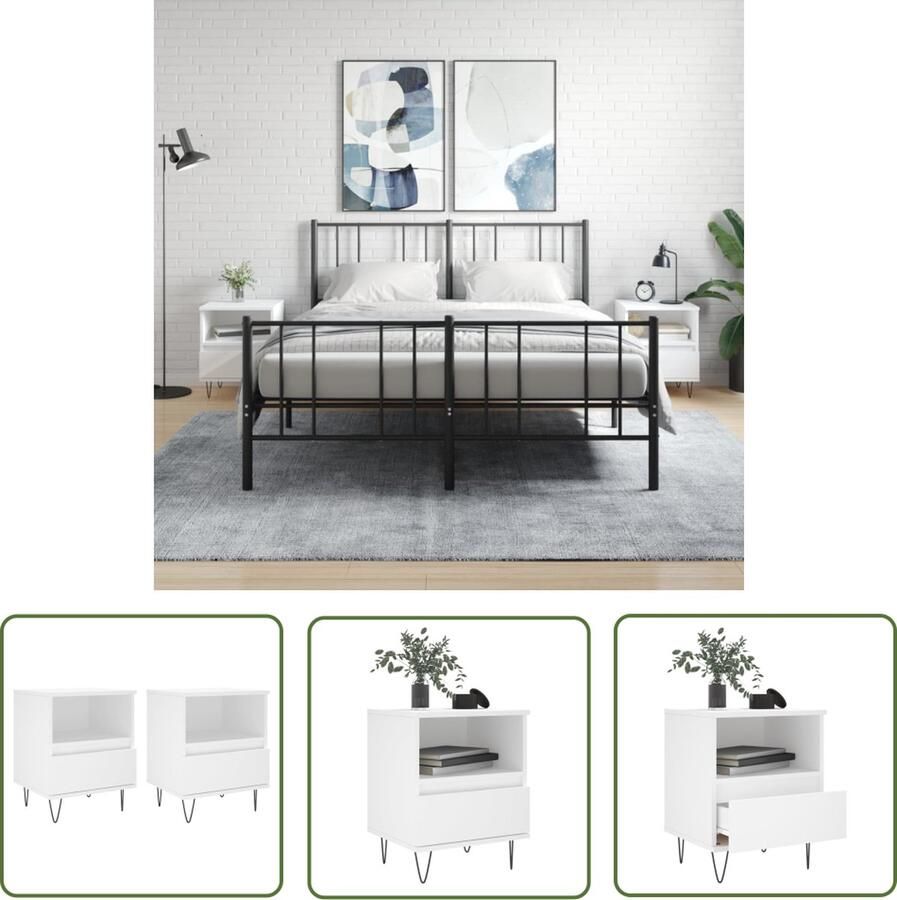 The Living Store Nachtkastjes Nachtkastje 40 x 35 x 50 cm wit Bewerkt hout en metaal Nachtkastjes Nachtkast Houten Nachtkast Wit Nachtkast Modern Nachttafel - Foto 2