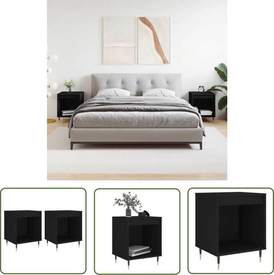 The Living Store Nachtkastjes 2 st 40x35x50 cm bewerkt hout zwart Nachtkastje Kastje Slaapkamermeubel Zwarte Meubel Houten Meubel - Foto 2