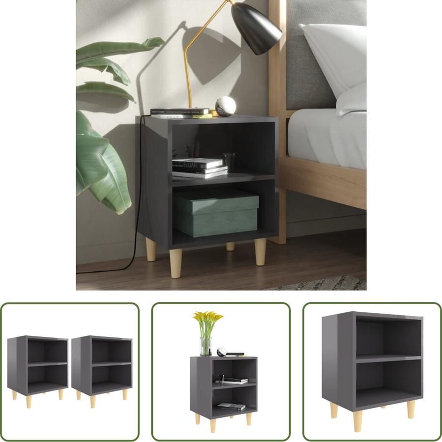 The Living Store Nachtkastjes Scandinavische stijl Houten poten 40x30x50 cm Hoogglans grijs - Foto 2