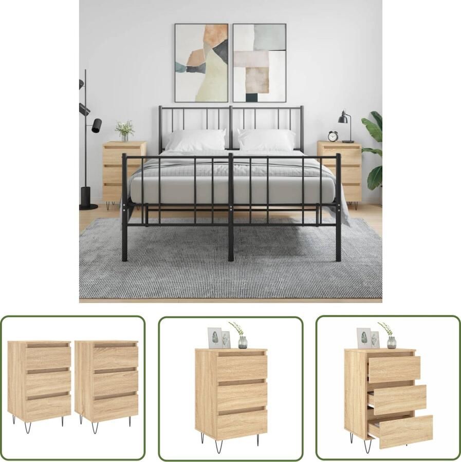 The Living Store Nachtkastjes Sonoma eiken 40 x 35 x 69 cm Met 3 laden - Foto 2