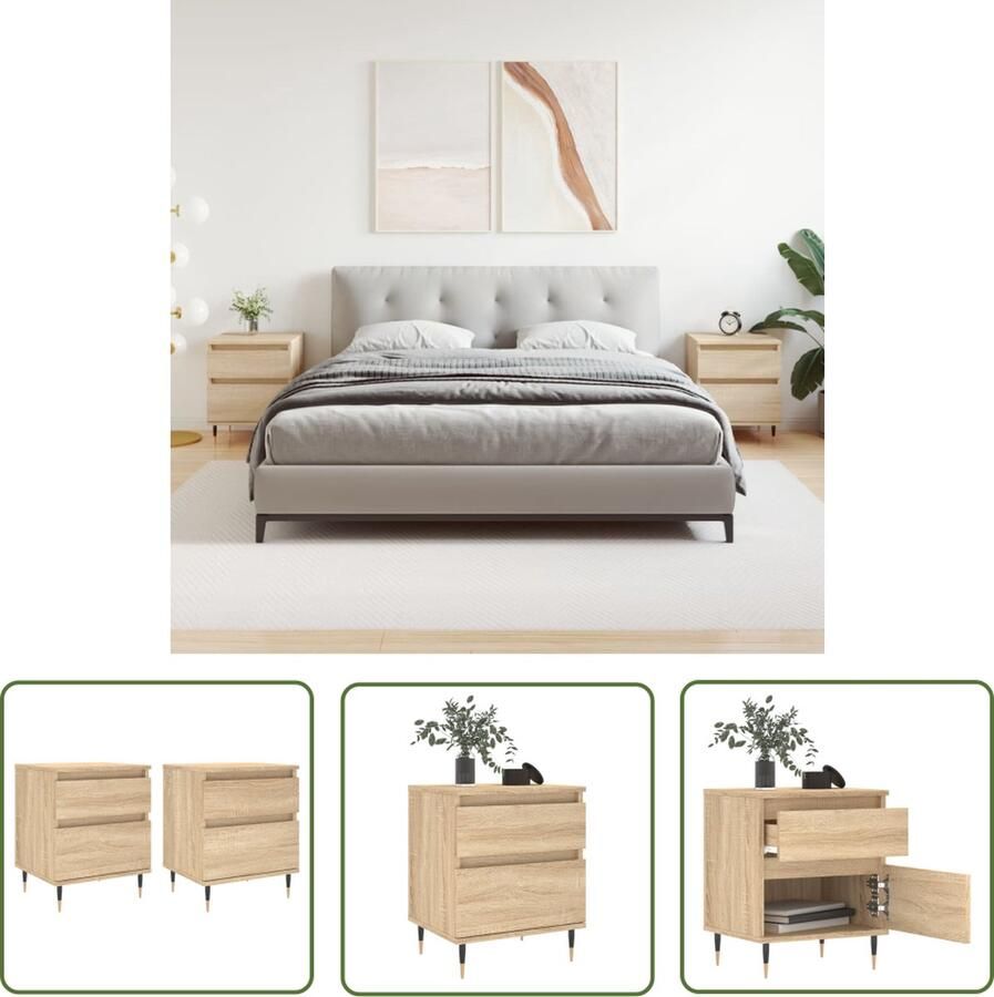The Living Store Nachtkastjes Sonoma Eiken Set van 2 40x35x50cm Bewerkt Hout en Metaal Nachtkast Kast Slaapkamermeubel Houten Meubel Eiken Kleur