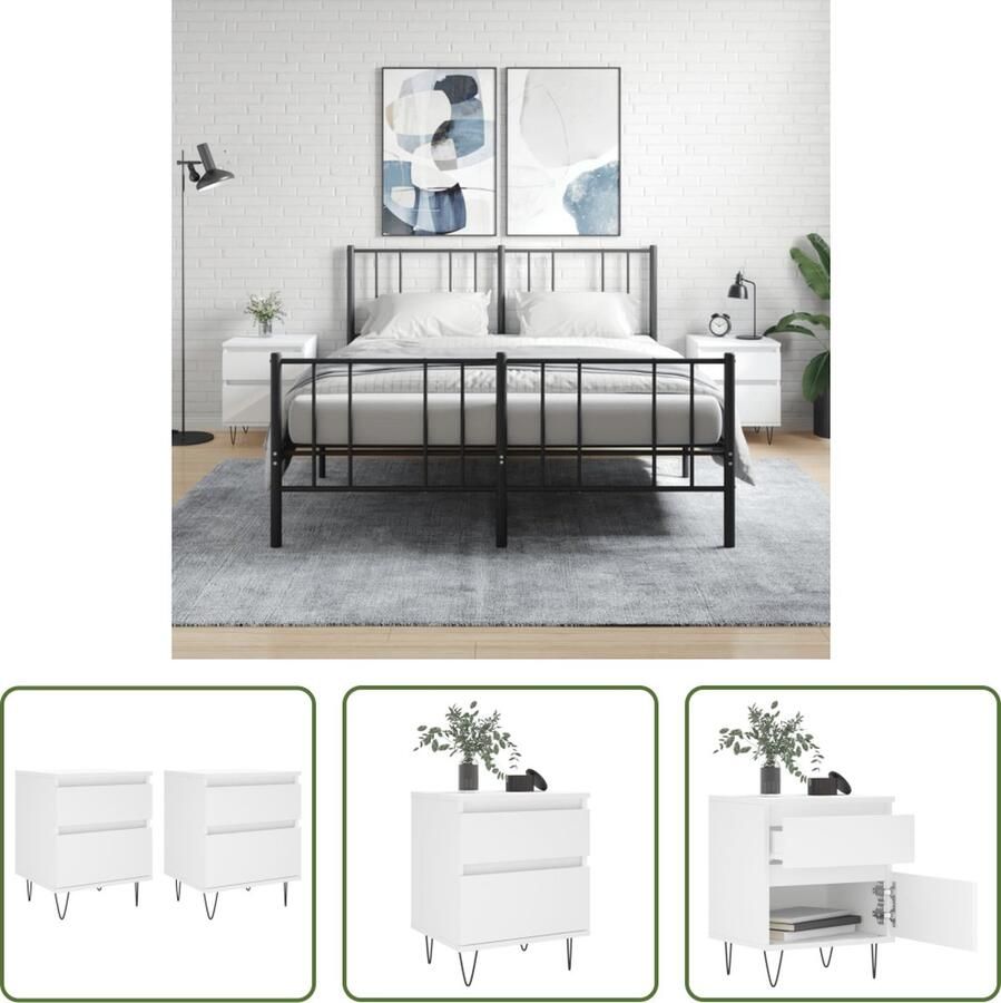 The Living Store Nachtkastjes Trendy Meubelen 40 x 35 x 50 cm Wit hout en metaal Nachtkastjes Kastjes Meubel Kamermeubilair Slaapkamers - Foto 2