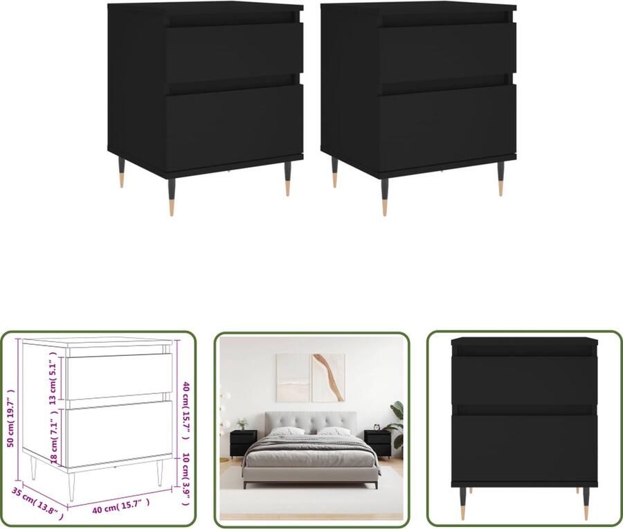 The Living Store Nachtkastjes 2 st 40x35x50 cm bewerkt hout zwart Nachtkastjes Kastjes Slaapkamermeubel Nachtlamp Tafeltje Woonaccessoires - Foto 2