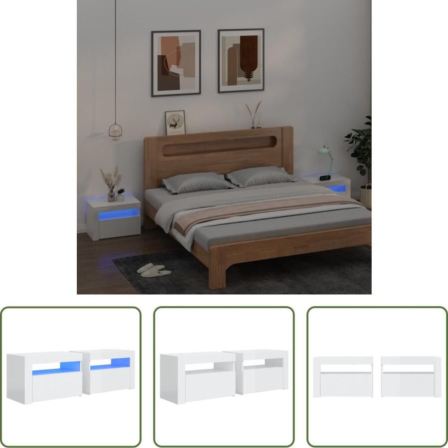 The Living Store Nachtkastjes Trendy Meubels Afmetingen- 60 x 35 x 40 cm RGB LED-verlichting Hoogglans wit Nachtkastjes Meubilair Slaapkamer Led Verlichting Houten Kast Witte Nachtstand - Foto 2
