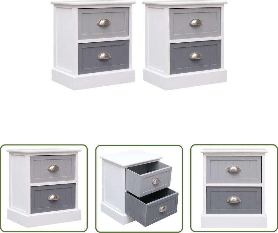 The Living Store Nachtkastjes Vintage Grijs 38 x 28 x 45 cm Met 2 lades MDF en paulowniahout