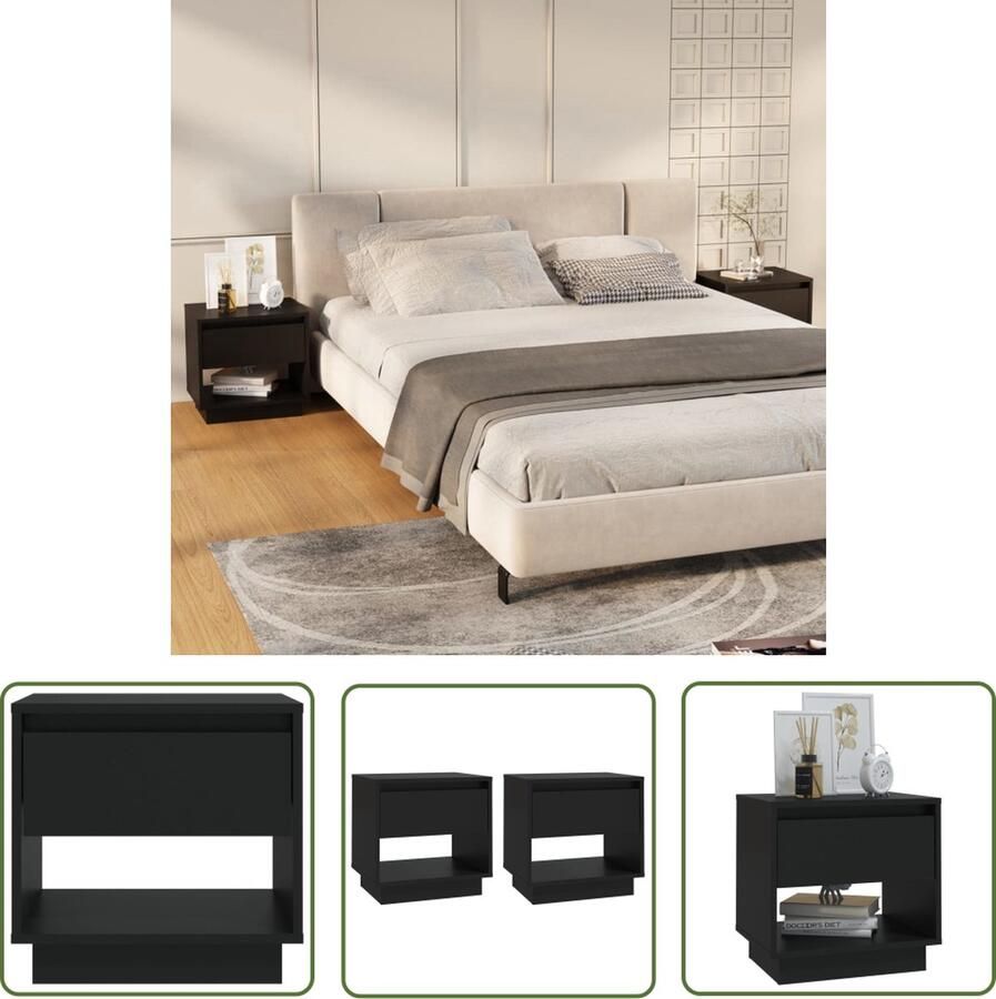The Living Store Nachtkastjes Zwart 45 x 34 x 44 cm Stevige constructie Nachtkastjes Slaapkamerinrichting Houten Meubilair Zwarte Meubels Designmeubel - Foto 2